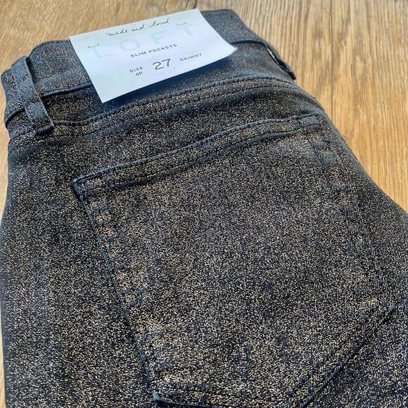 LOFT Black Denim Gold Shimmer Slim Pocket Skinny Stretch Jeans 4 Petite - Picture 2 of 8